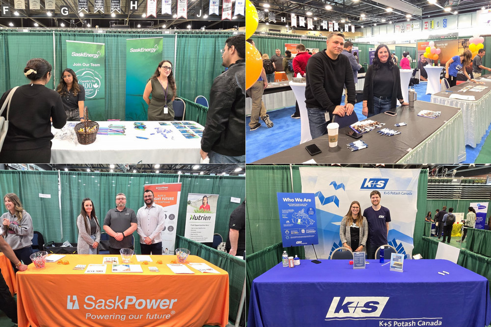 a collage of photos of tables at a trade show