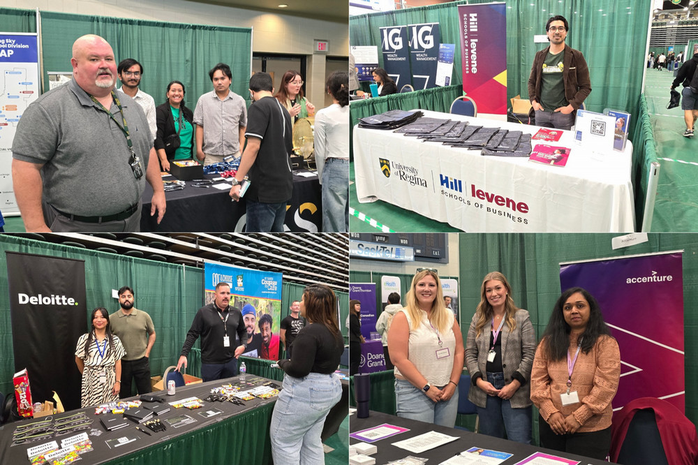 a collage of four photos of tables at a trade show