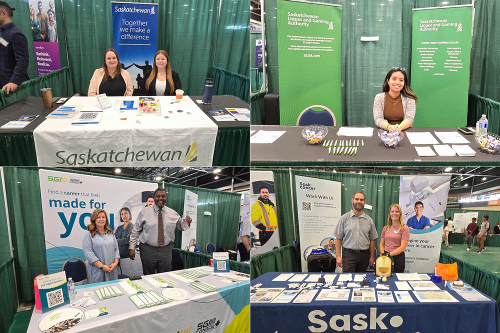 a collage of four photos of tables at a trade show