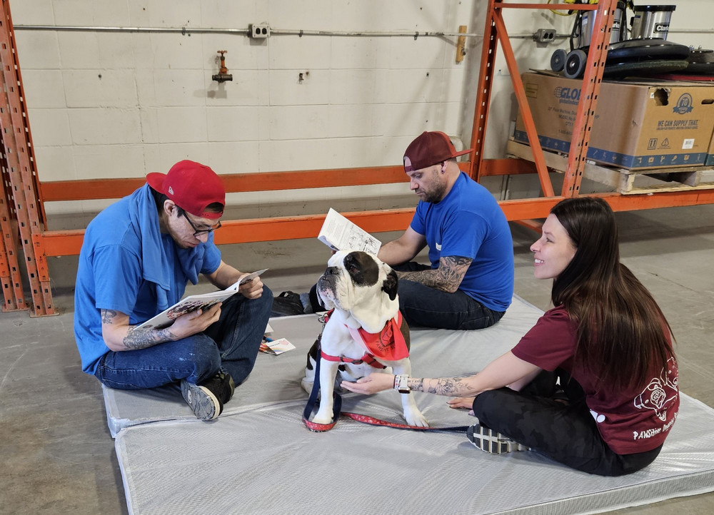 Two inmates are reading manuals and a young woman and a dog sits with them on a blanket on the floor.