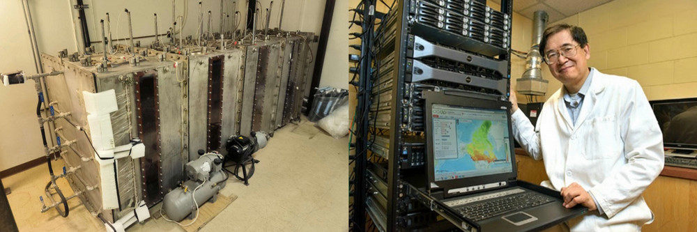 A side-by-side collage showcasing U of R engineering innovation: (Left) A large-scale groundwater simulation pilot tank used for tracking underground contamination; (Right) Professor Gordon Huang standing next to a rack of high-performance servers displaying the Canada Climate Change Data Portal interface.