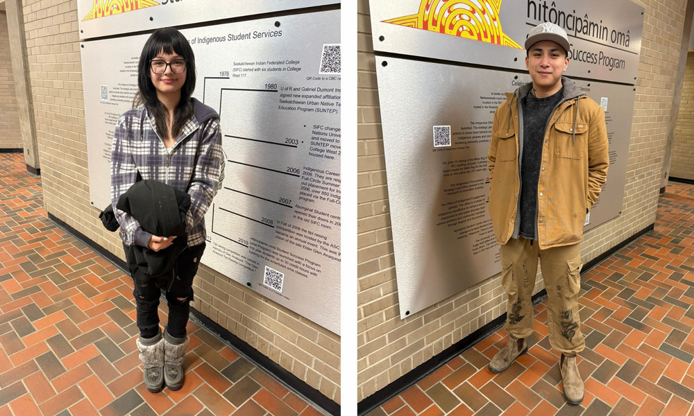Two photos, each of an individual standing in a hallway