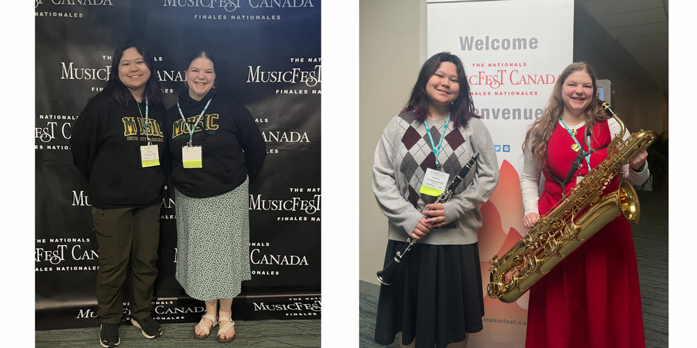 Two students standing in front of a MusicFest Canada banner, holding their instruments