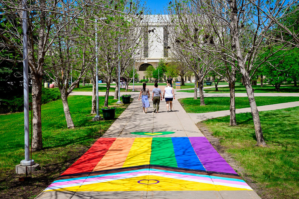 A completed rainbow crosswalk stretches across a sidewalk in the Dr. Lloyd Barber Academic Green, with trees and campus pathways surrounding it and people walking in the distance