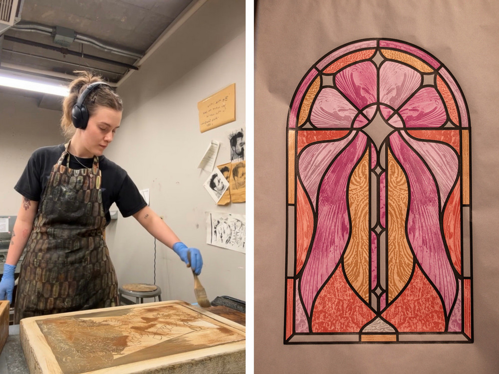 Split image showing a printmaking artist applying ink to a printing plate in a studio on the left, and a pink, orange, and gold stained-glass-inspired screenprint titled Sappho Stain II on the right.