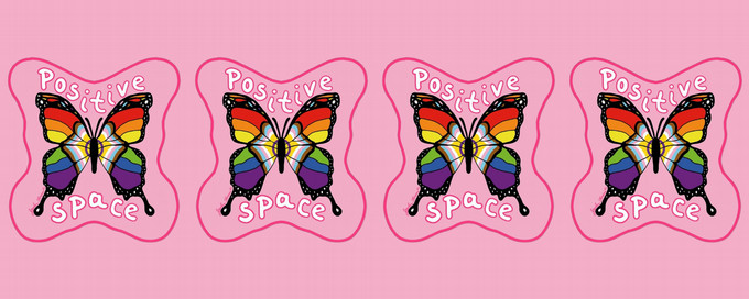 Four versions of the 2026 Positive Space sticker featuring a rainbow butterfly and the words “Positive Space.”