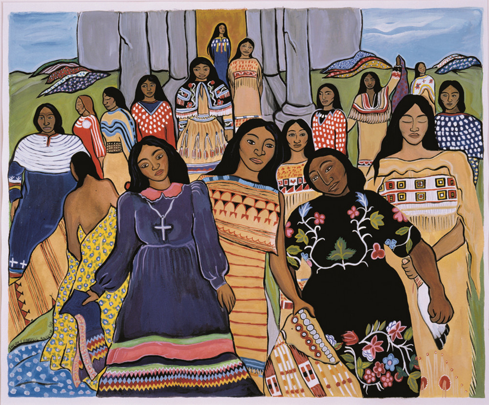 A painting of Indigenous women in brightly coloured dresses
