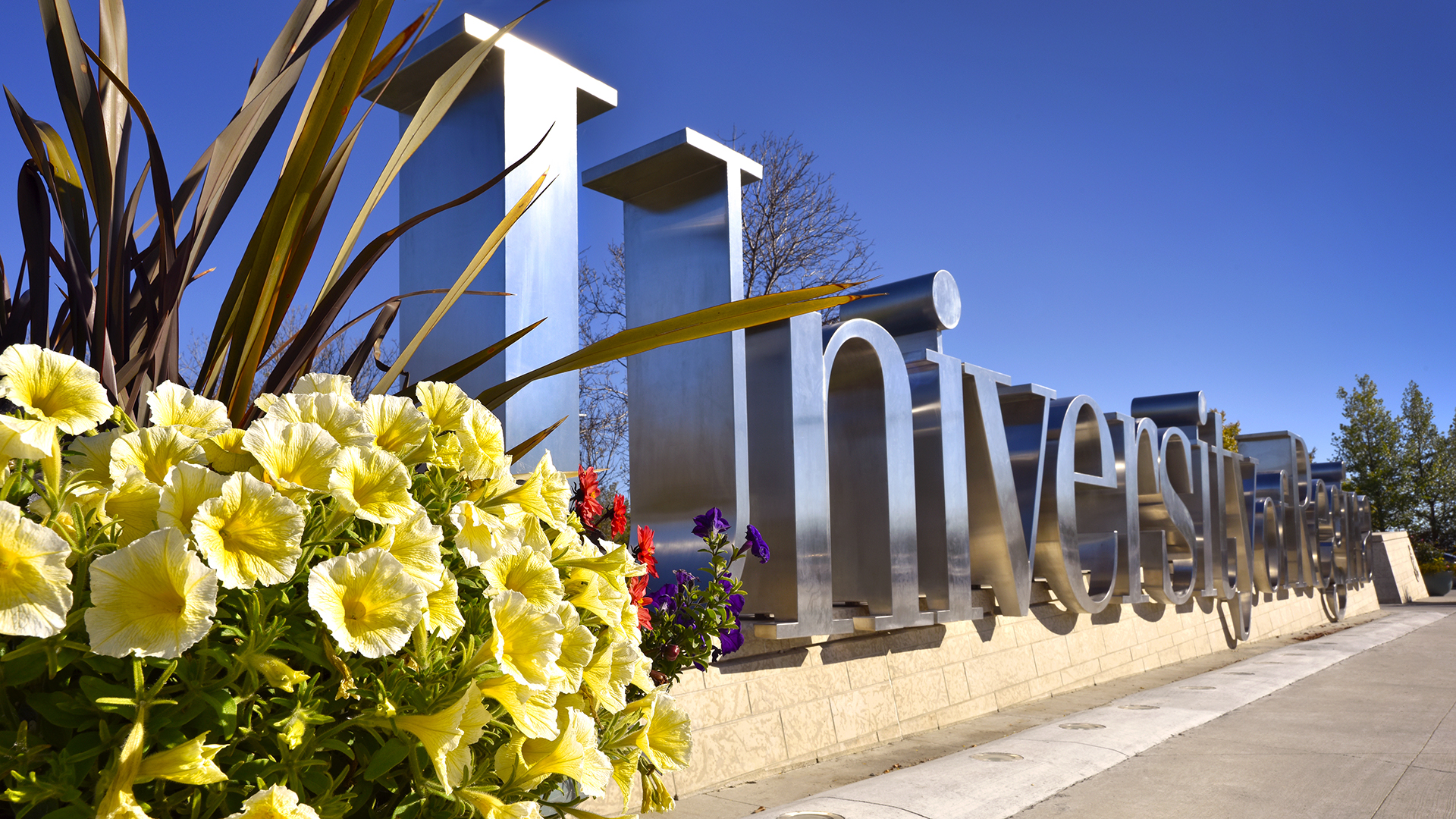 u of r sign with flowers