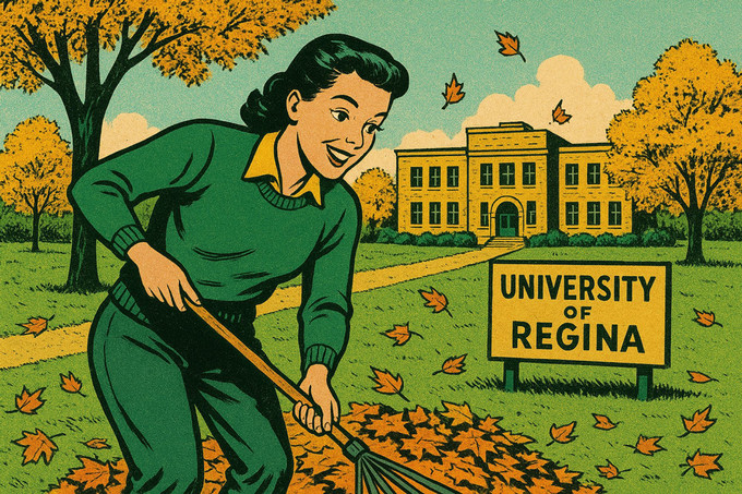 cartoon image of a woman raking leaves