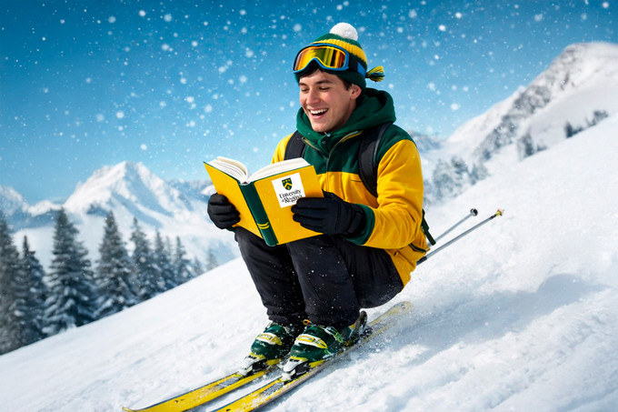 AI generated image of a person skiing in u of r gear and holding a book