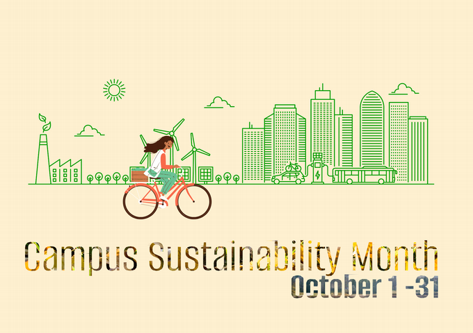 Girl on bicycle, text says Campus sustainability month October 1- 31