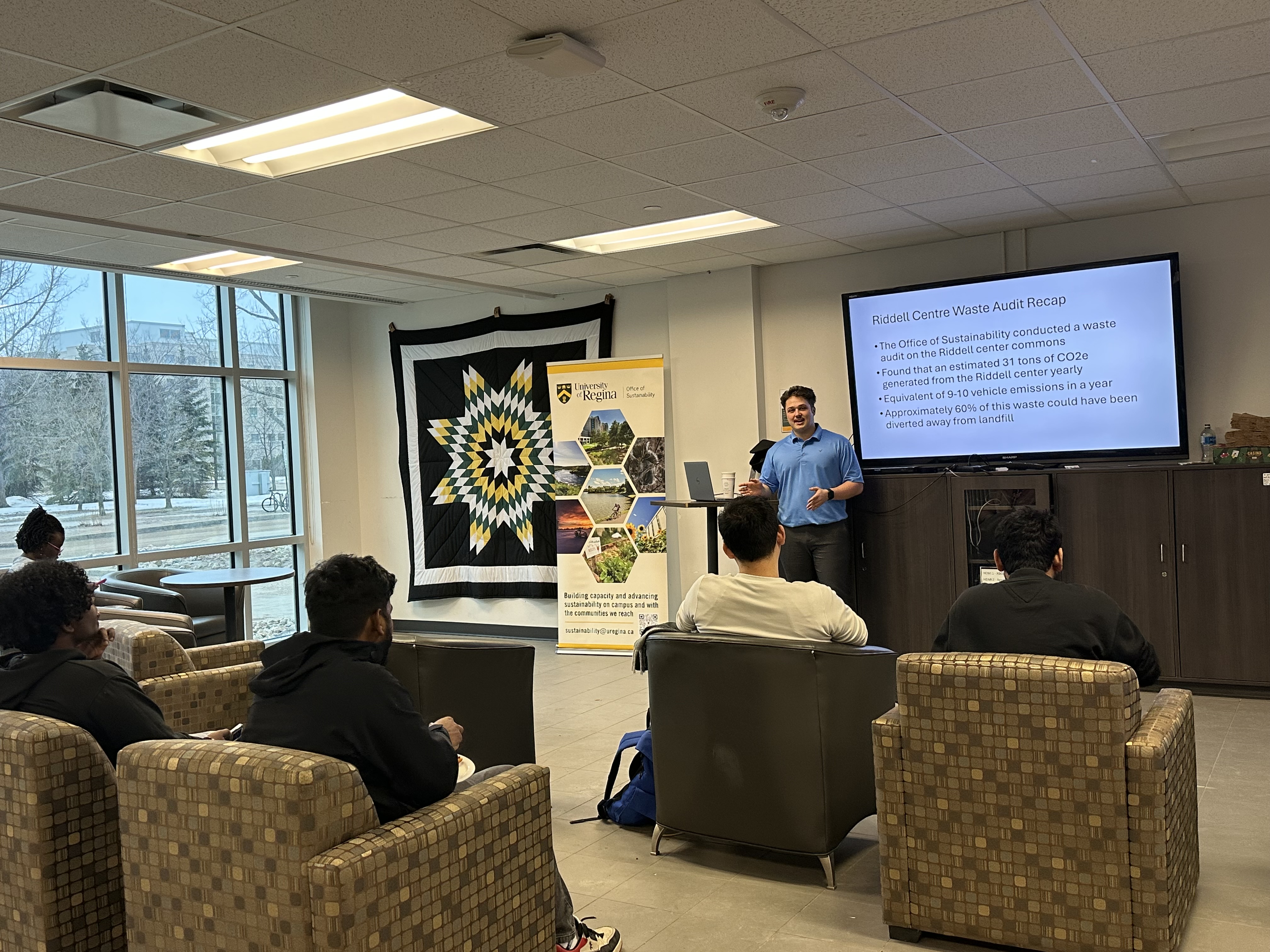 Jacob Stoll presenting on findings from the recent Riddell Centre waste audit